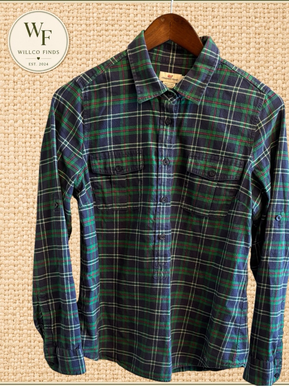 Vineyard Vines Women’s Plaid Flannel Popover Shirt Navy Green Red Size 8